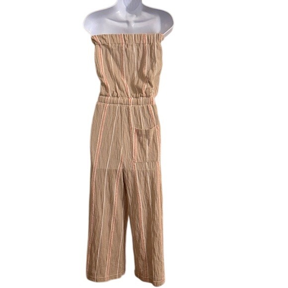Vintage Havana Tan Stripe Smocked Waist Strapless Jumpsuit Soft Beach Vacation S - Picture 4 of 7